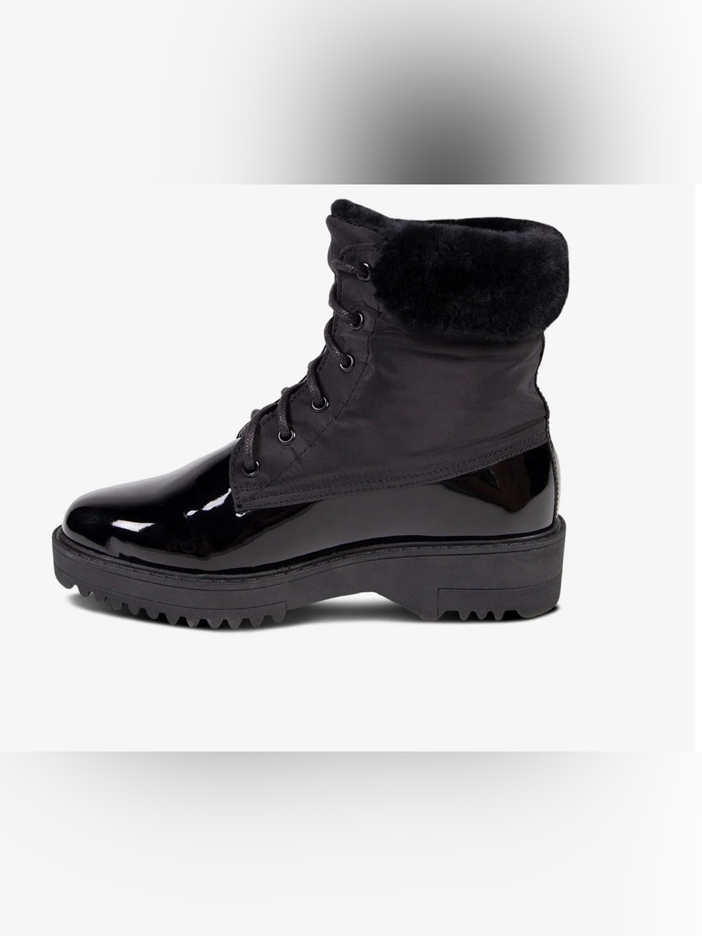 Women's Faux-Fur Collar Black Patent Lace-Up Ankle Boot